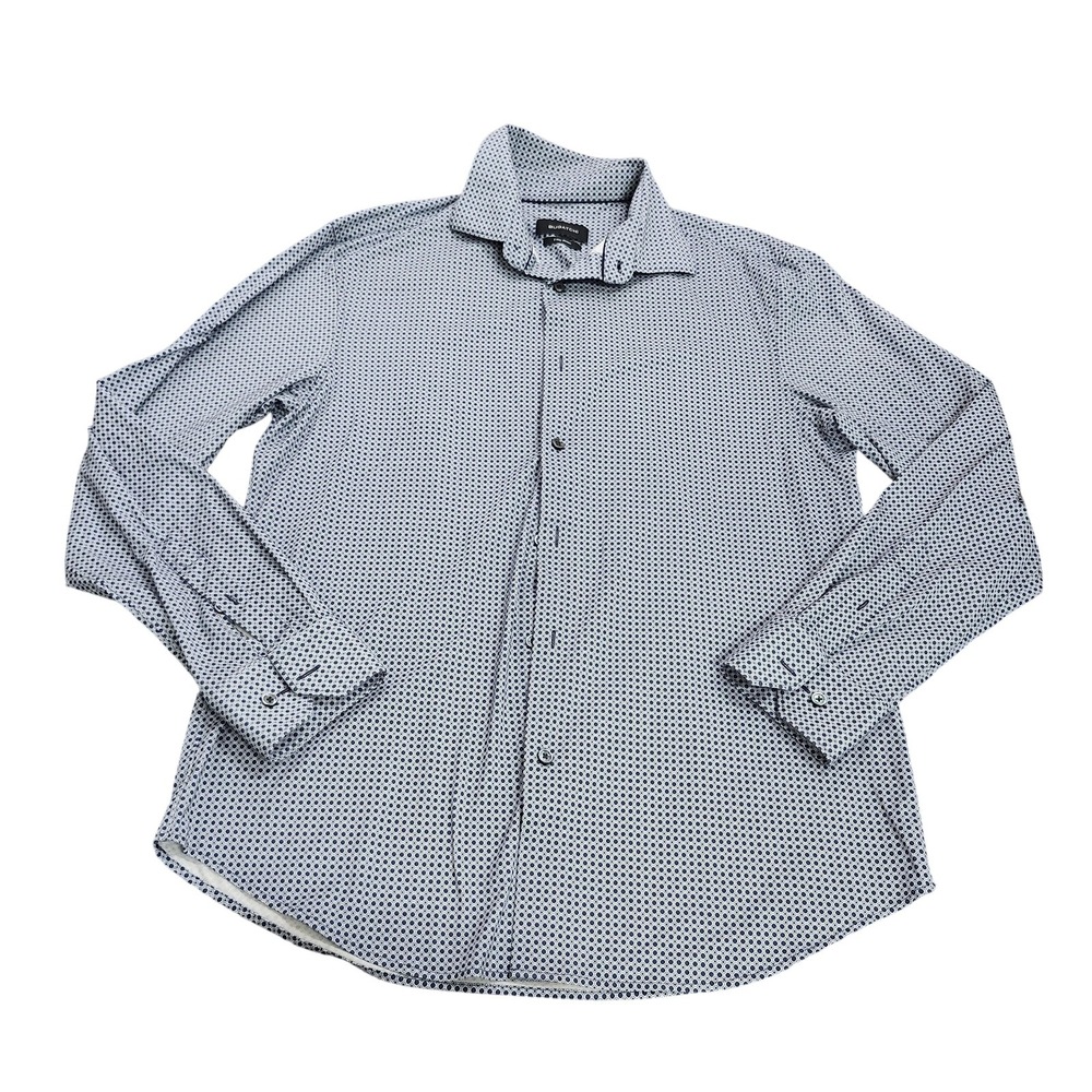 Bugatchi Shirt Mens Large Blue Geometric Long Sleeve Button 8 Way Stretch Casual